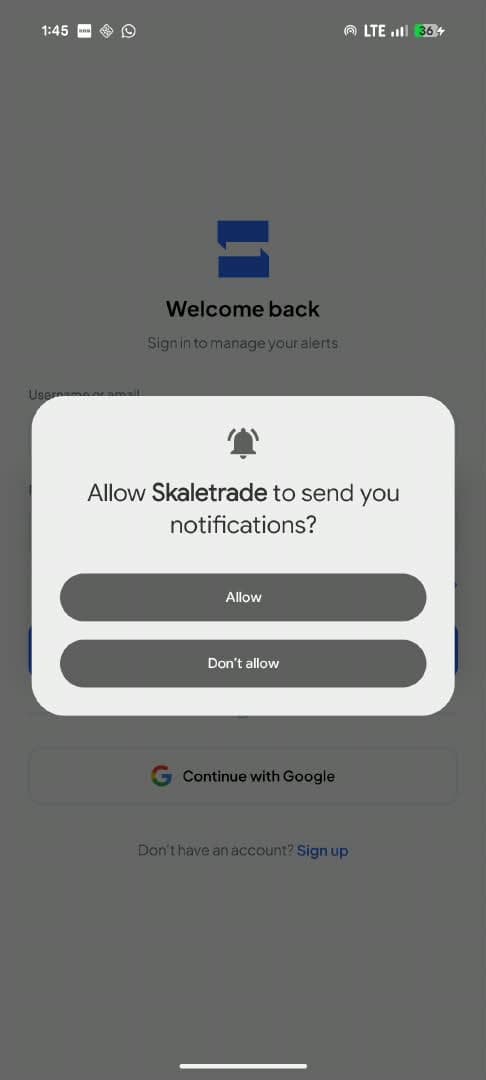 Android dialog asking to allow Skaletrade to send notifications