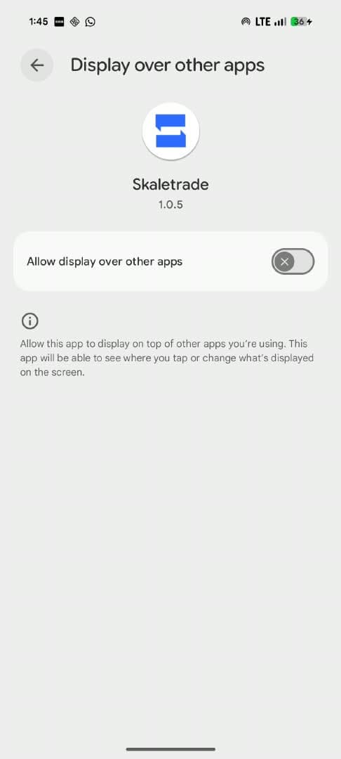 Android settings for Display over other apps, with the Skaletrade toggle off