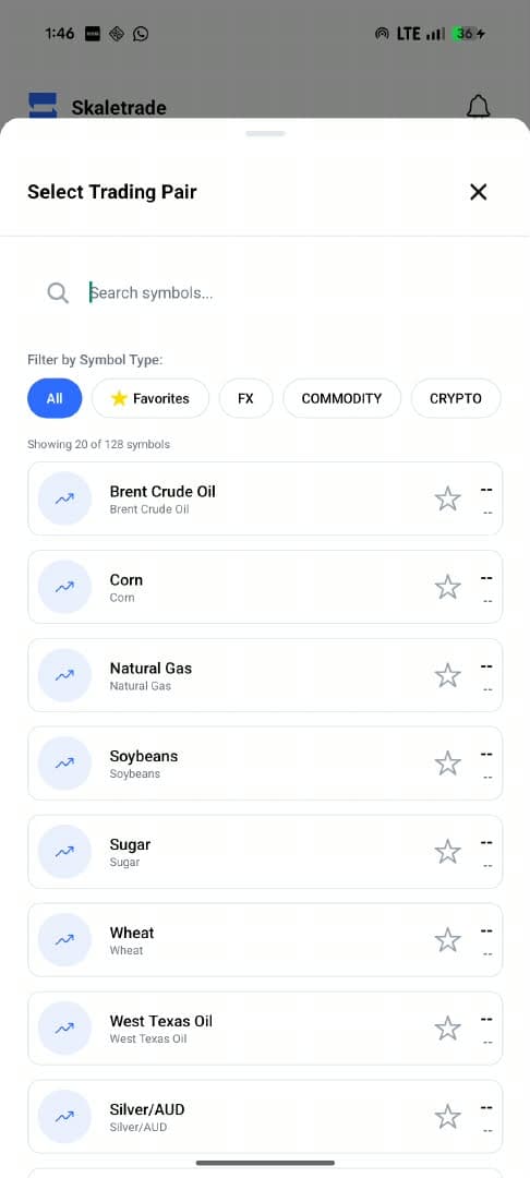 Select Trading Pair sheet with search, category filters, and a list of symbols
