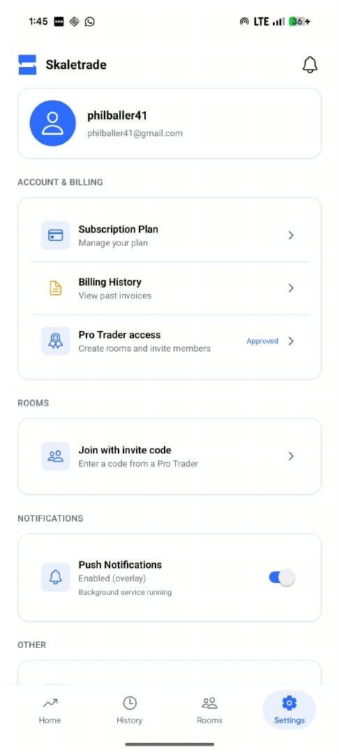 Settings screen showing profile, subscription, rooms, and push notifications enabled